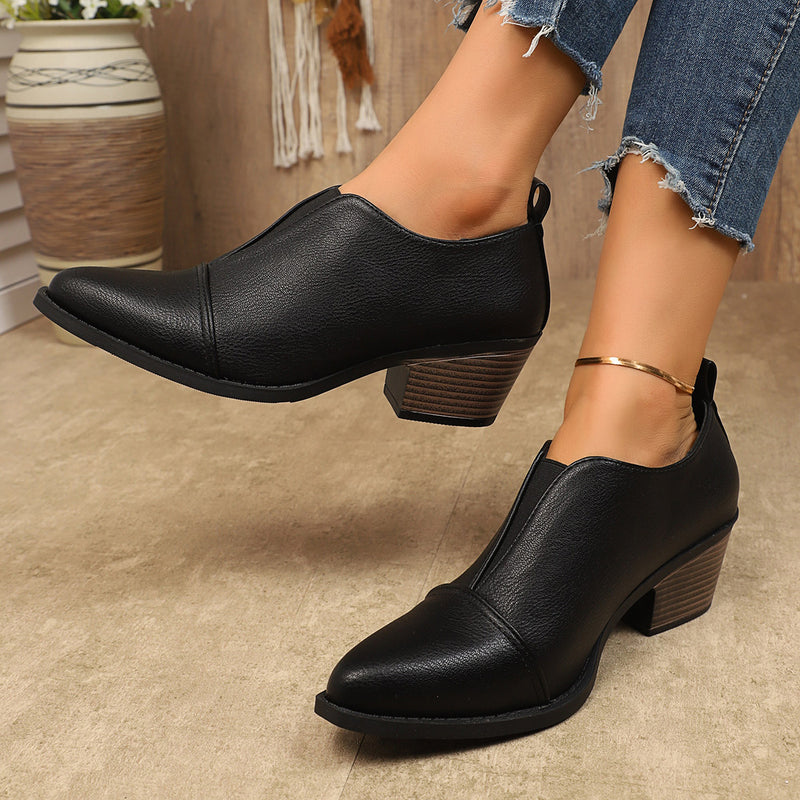 Women Elastic Chelsea Chunky Heel Pointed Toe Shoes
